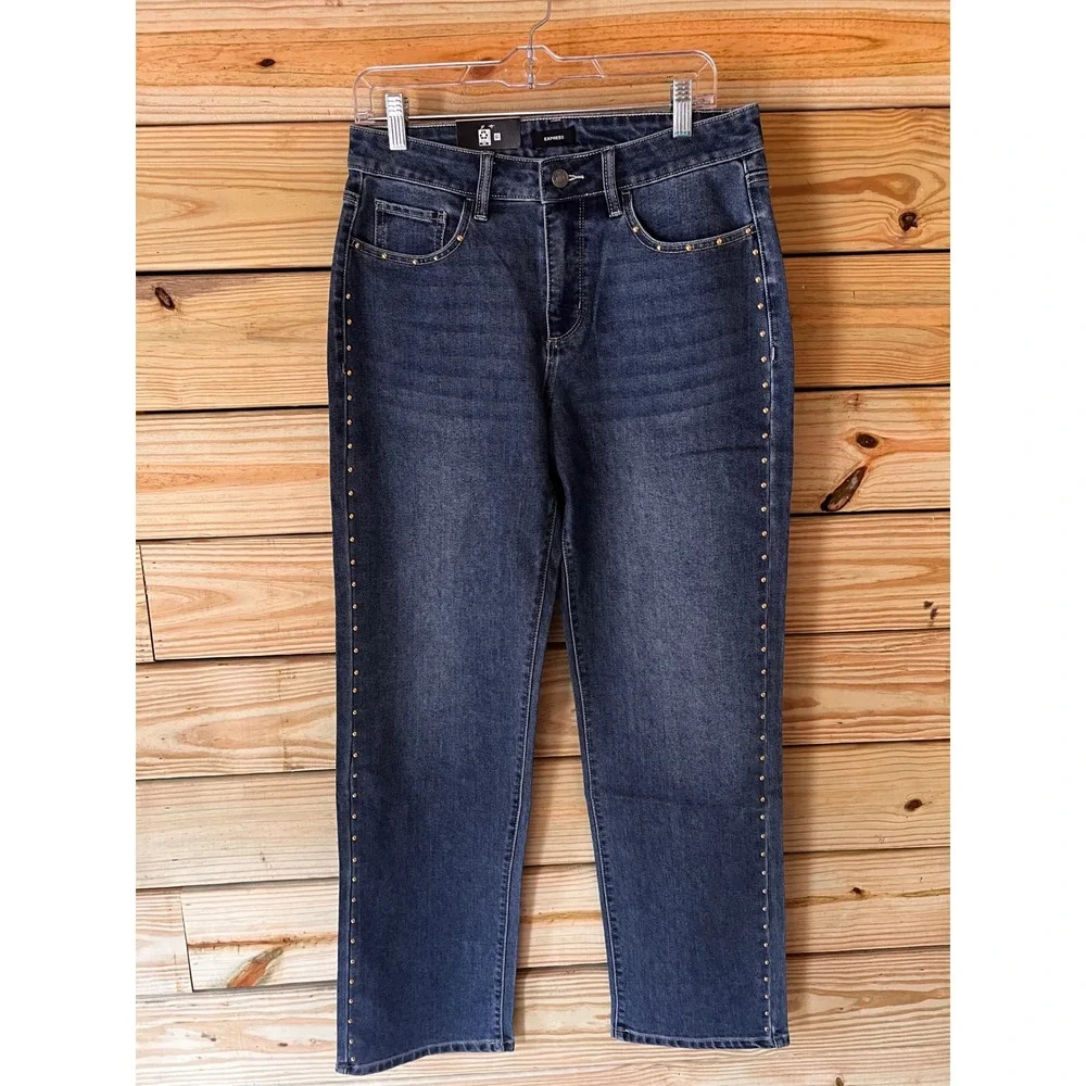 Express Embellished Studded Straight Leg Jeans Medium Wash Blue Size 4 NEW - Picture 1 of 4